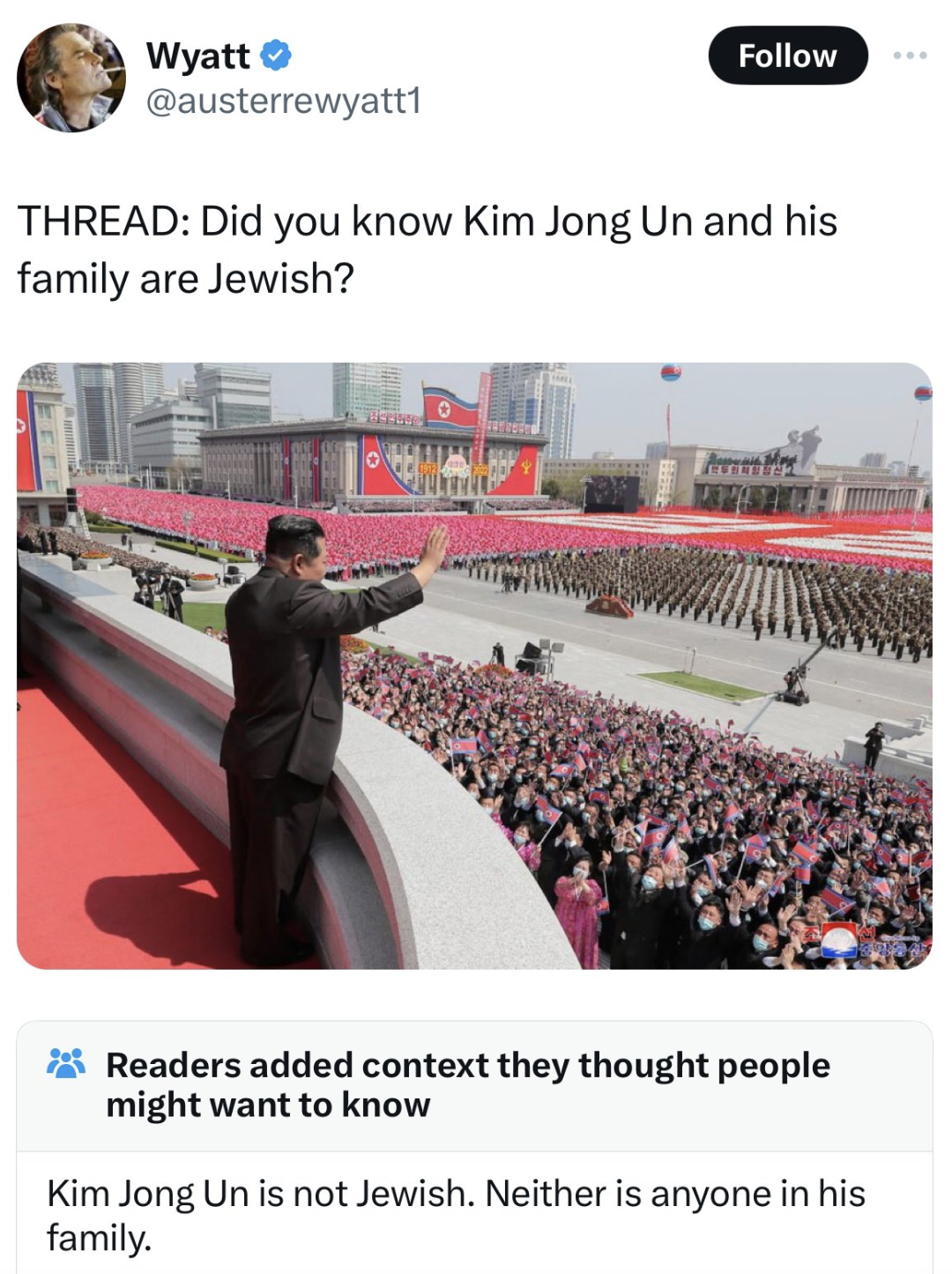 kim il sung's celebration - Wyatt Thread Did you know Kim Jong Un and his family are Jewish? Readers added context they thought people might want to know Kim Jong Un is not Jewish. Neither is anyone in his family.